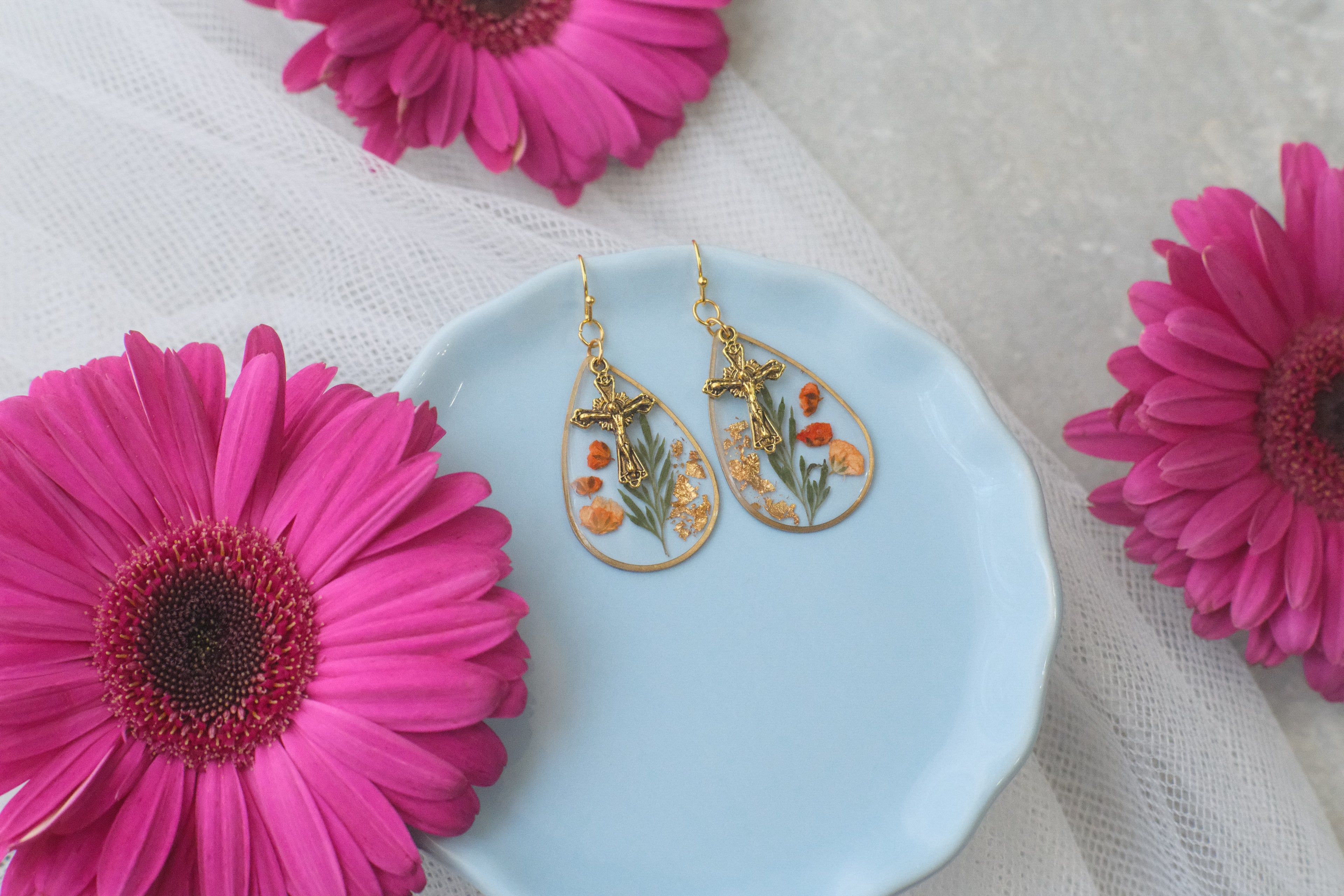 Earrings Gold Cross Wildflowers 2