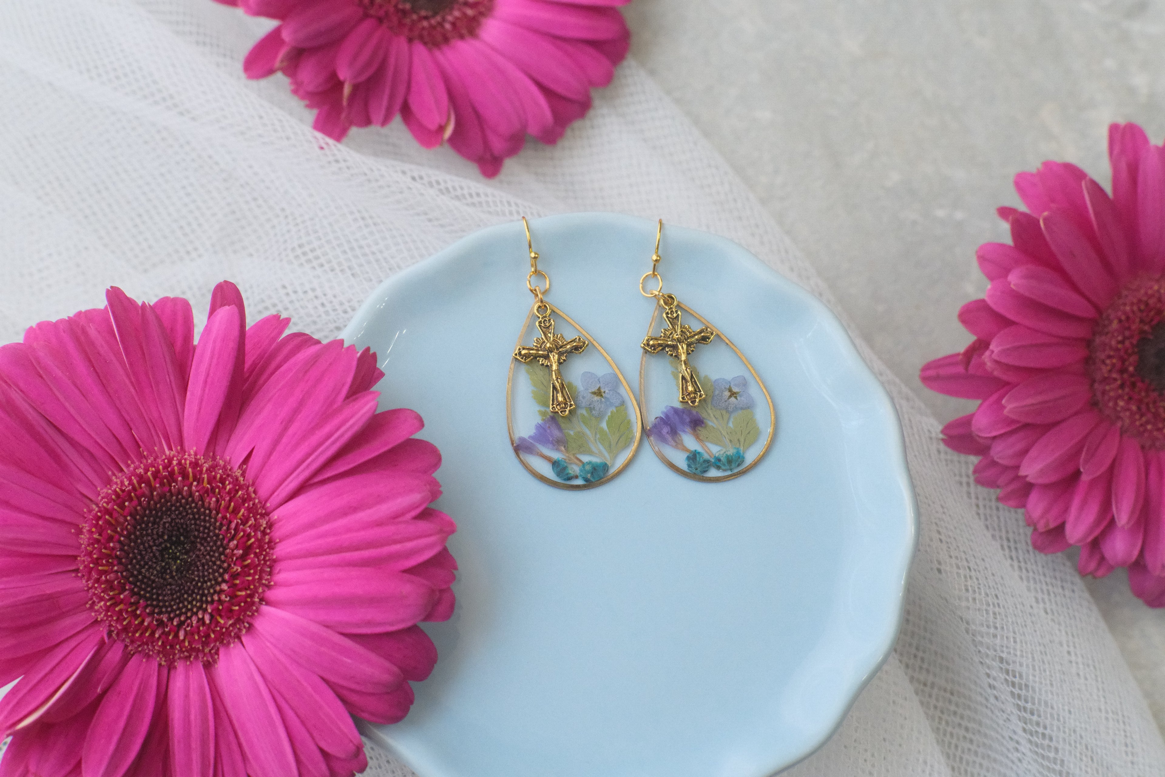 Earrings Gold Cross Wildflowers 3