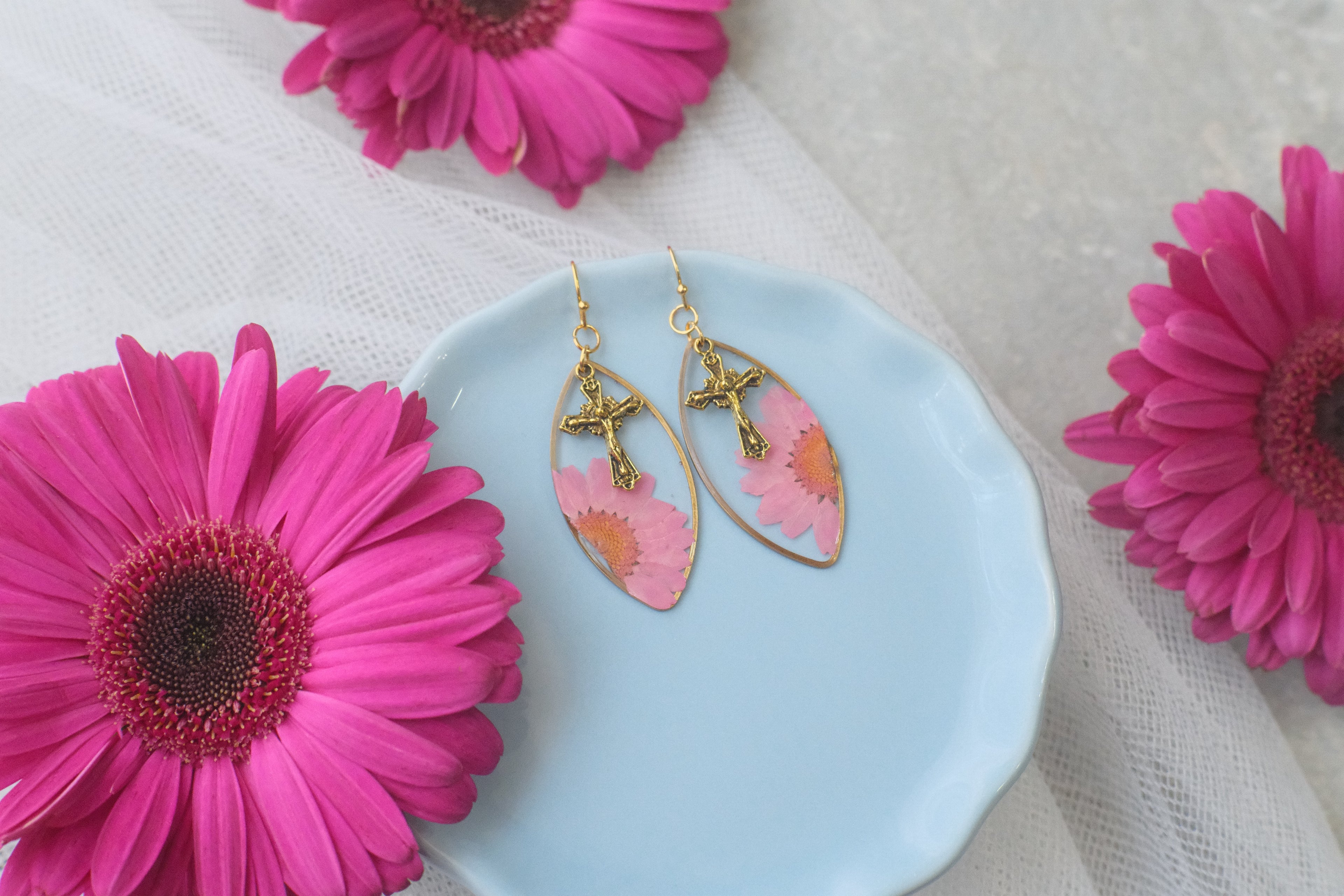 Earrings Gold Cross Wildflowers 4