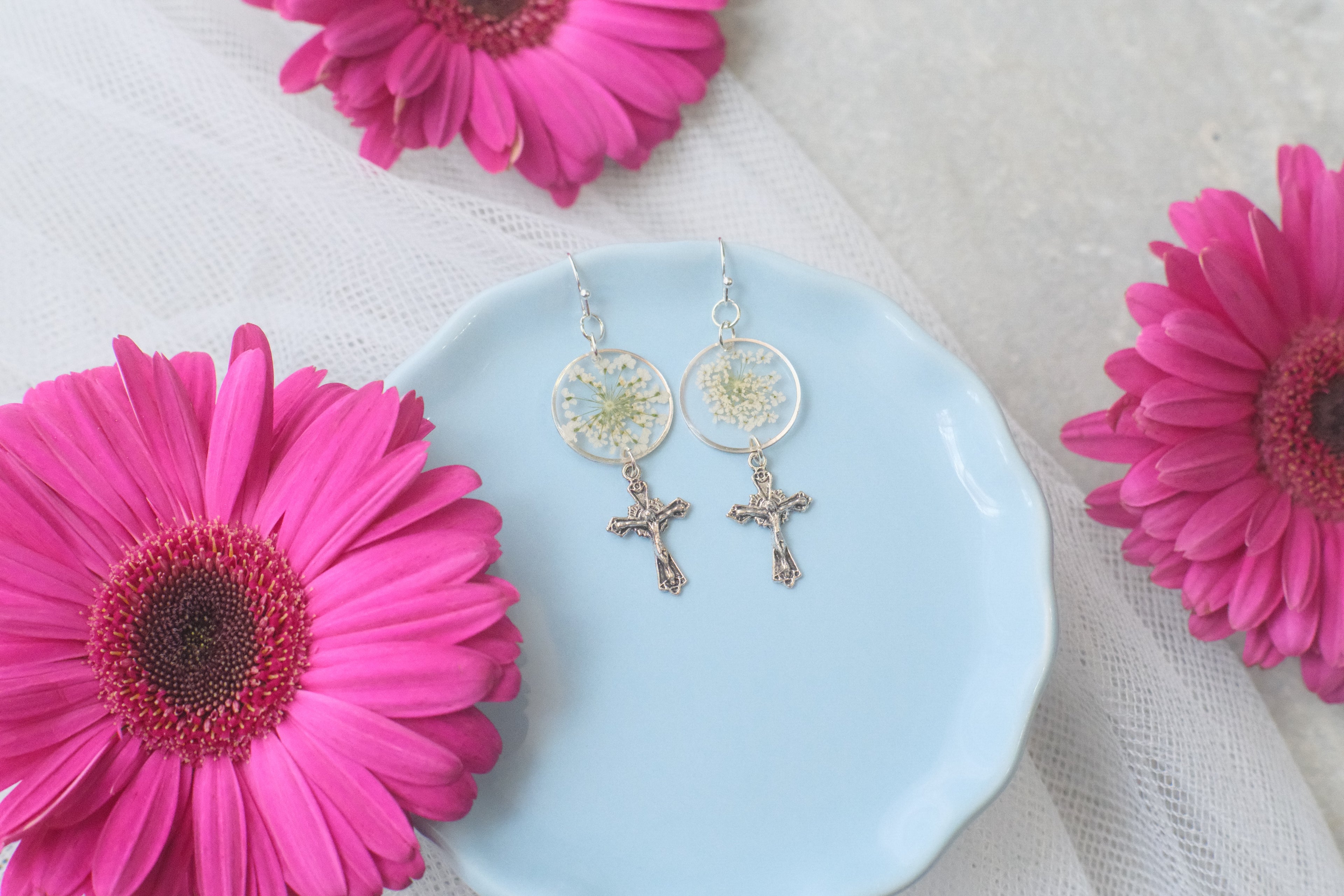 Earrings Silver Cross Wildflowers 2